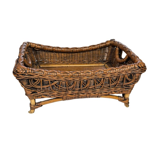 Other - Vintage Footed Rattan Wicker Basket Tray Handles Wooden Base 17" x 13"